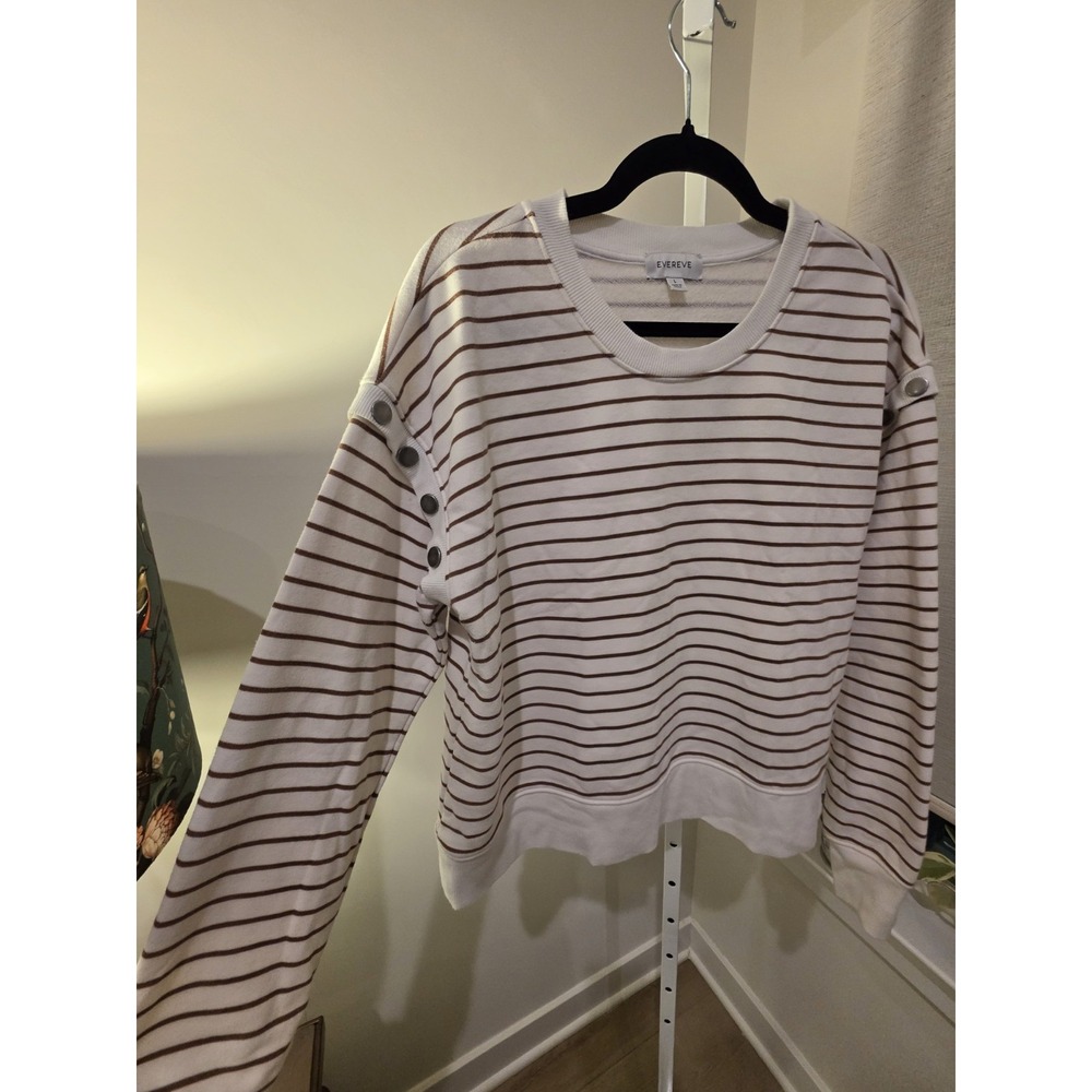 Evereve Womens L Striped Snap Shoulder Sweatshirt Cream Brown Preppy Nautical - Picture 2 of 14